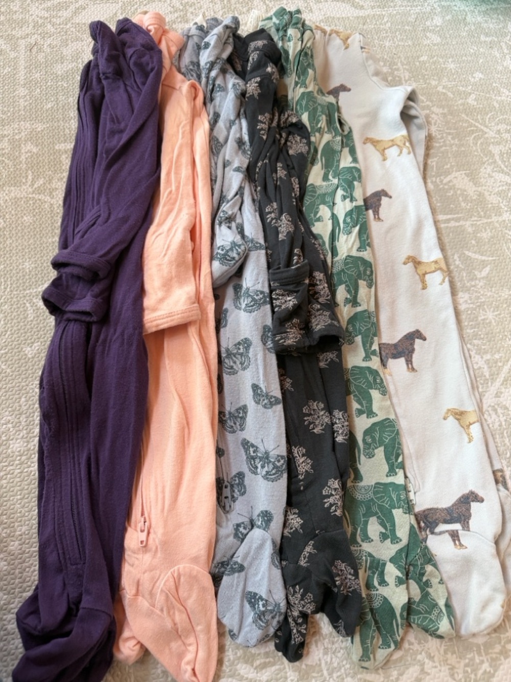 kate quinn Baby Footie Bundle in Purple, Peach, Gray, Black, Green, Ivory